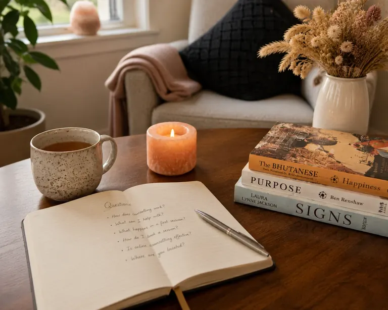 Open notebook with handwritten counselling questions beside a candle and books