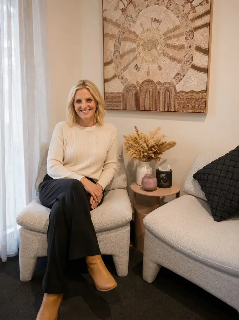 Keren Ludski seated in her warm Malvern counselling room